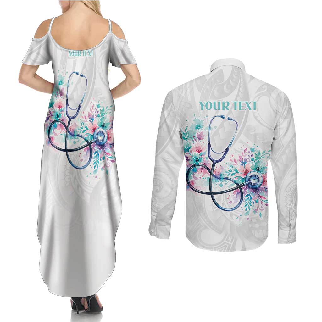 New Zealand Nurses RN Personalised Couples Matching Summer Maxi Dress and Long Sleeve Button Shirt Stethoscope Floral Maori Motif LT9 - Polynesian Pride