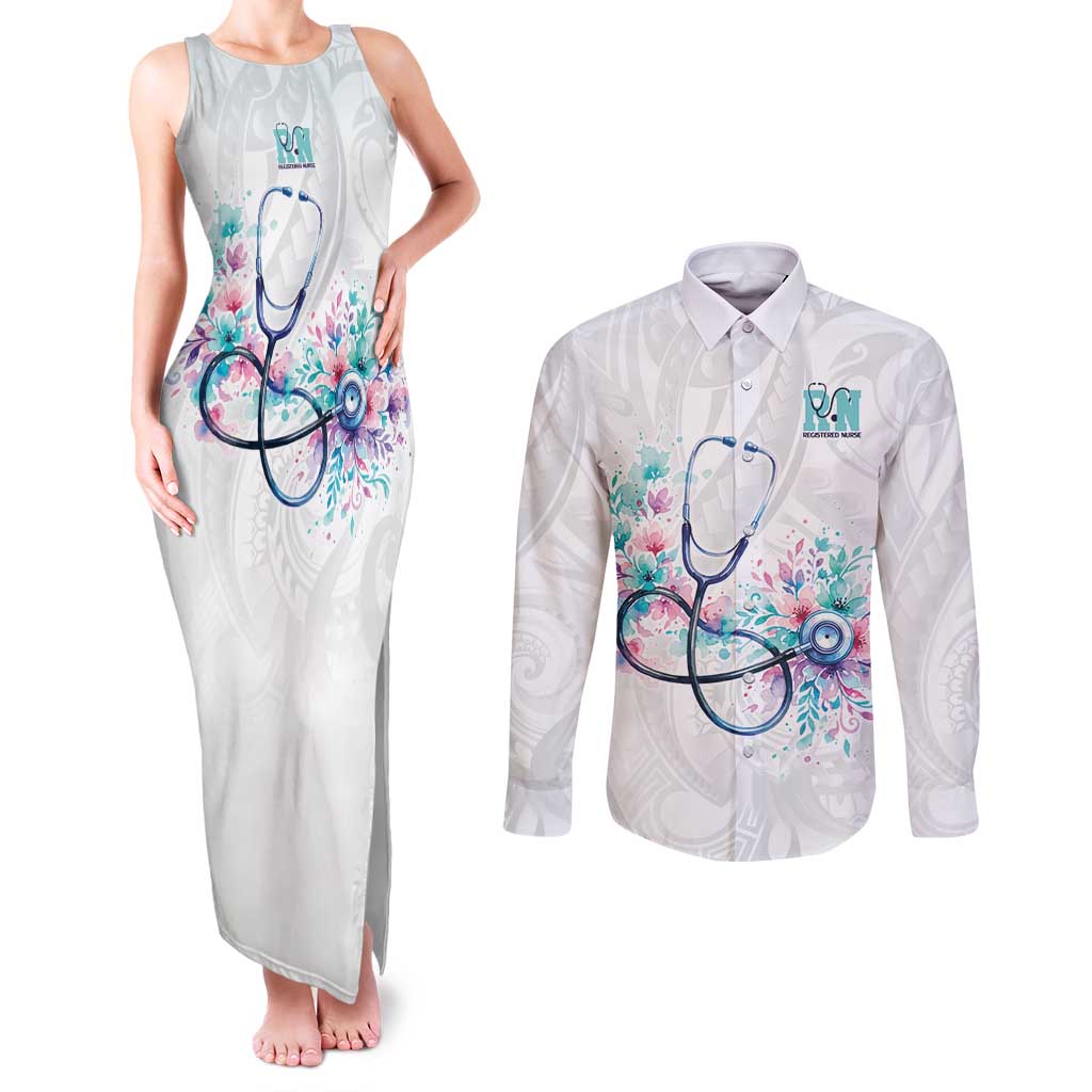 New Zealand Nurses RN Personalised Couples Matching Tank Maxi Dress and Long Sleeve Button Shirt Stethoscope Floral Maori Motif LT9 White - Polynesian Pride