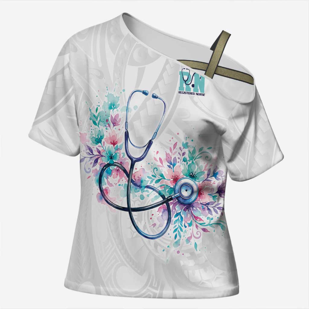 New Zealand Nurses RN Personalised Cross Shoulder Shirt Stethoscope Floral Maori Motif LT9 Female White - Polynesian Pride