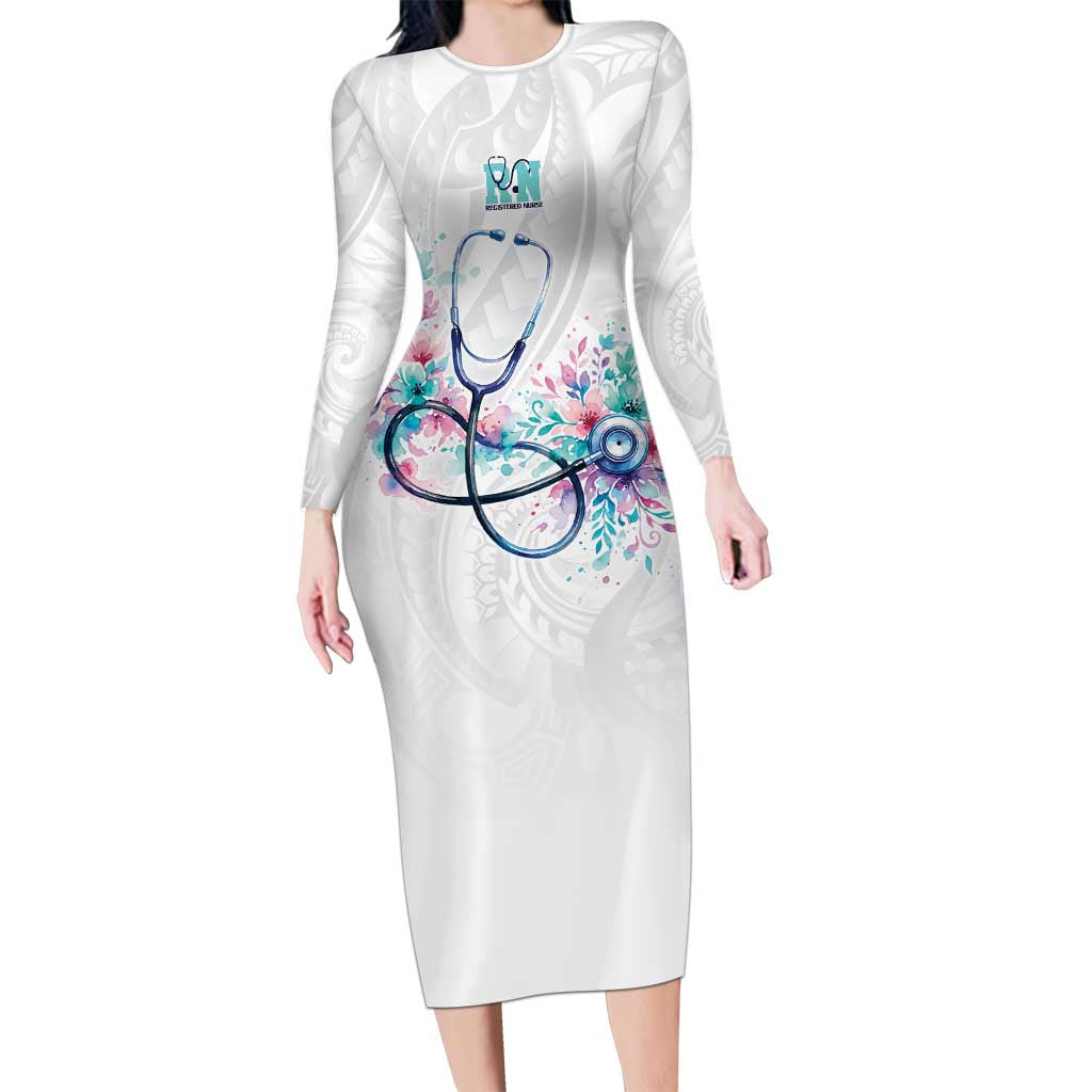 New Zealand Nurses RN Personalised Family Matching Long Sleeve Bodycon Dress and Hawaiian Shirt Stethoscope Floral Maori Motif LT9 Mom's Dress White - Polynesian Pride