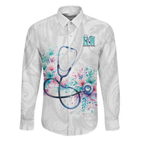 New Zealand Nurses RN Personalised Family Matching Off Shoulder Short Dress and Hawaiian Shirt Stethoscope Floral Maori Motif LT9 Dad's Shirt - Long Sleeve White - Polynesian Pride