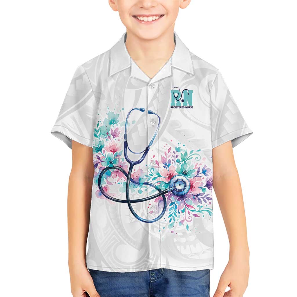 New Zealand Nurses RN Personalised Family Matching Puletasi and Hawaiian Shirt Stethoscope Floral Maori Motif LT9 Son's Shirt White - Polynesian Pride