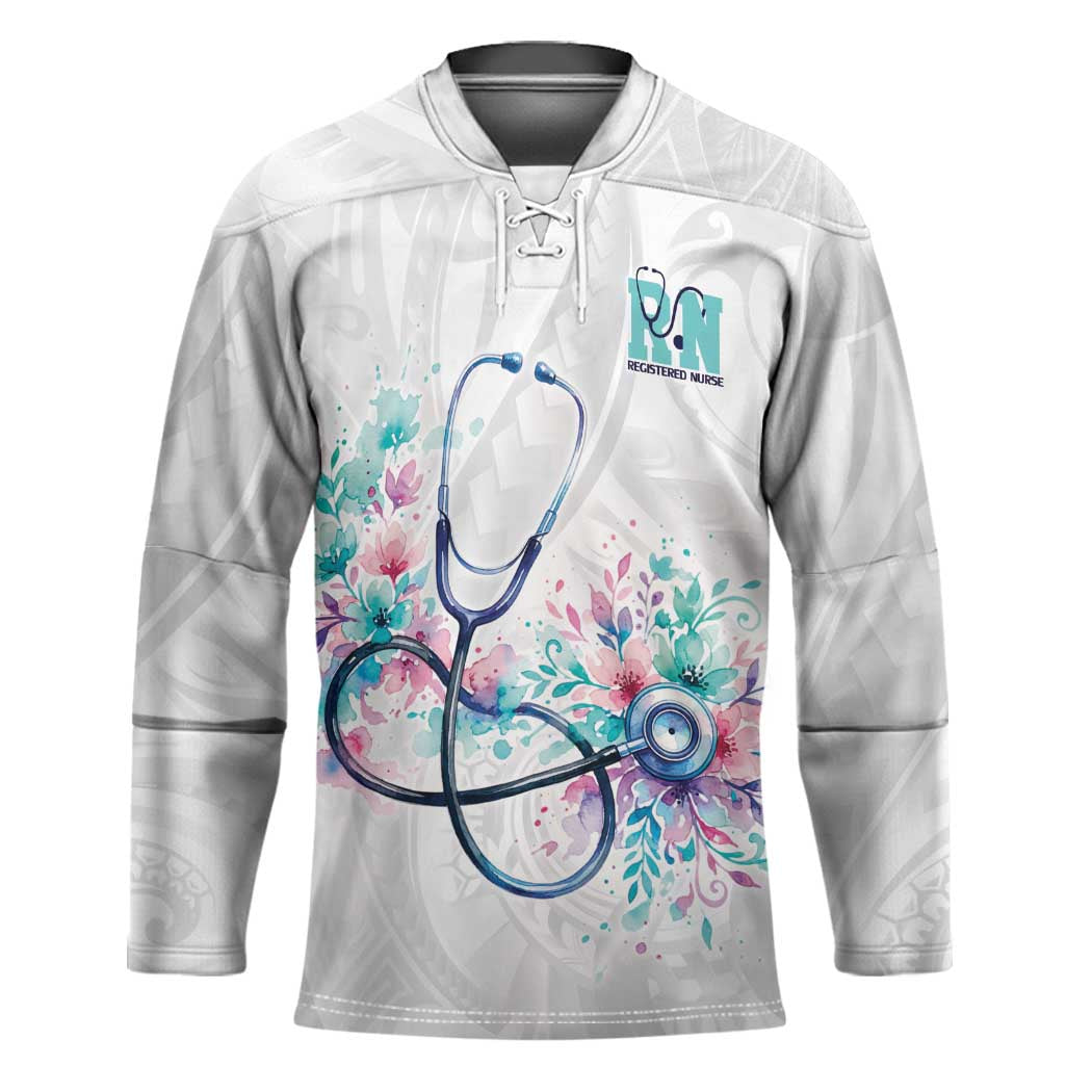 New Zealand Nurses RN Personalised Hockey Jersey Stethoscope Floral Maori Motif LT9 Unisex White - Polynesian Pride