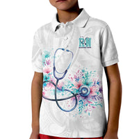 New Zealand Nurses RN Personalised Kid Polo Shirt Stethoscope Floral Maori Motif LT9 Kid White - Polynesian Pride