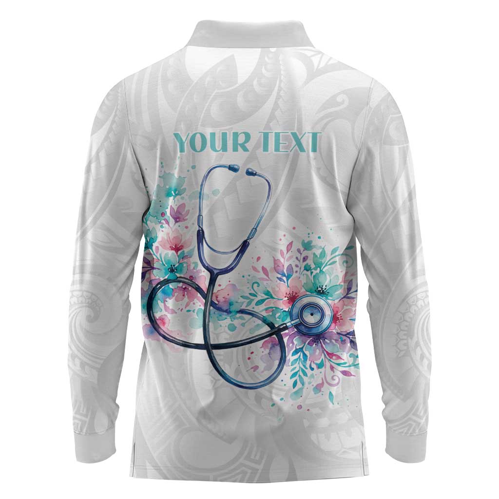 New Zealand Nurses RN Personalised Long Sleeve Polo Shirt Stethoscope Floral Maori Motif LT9 - Polynesian Pride