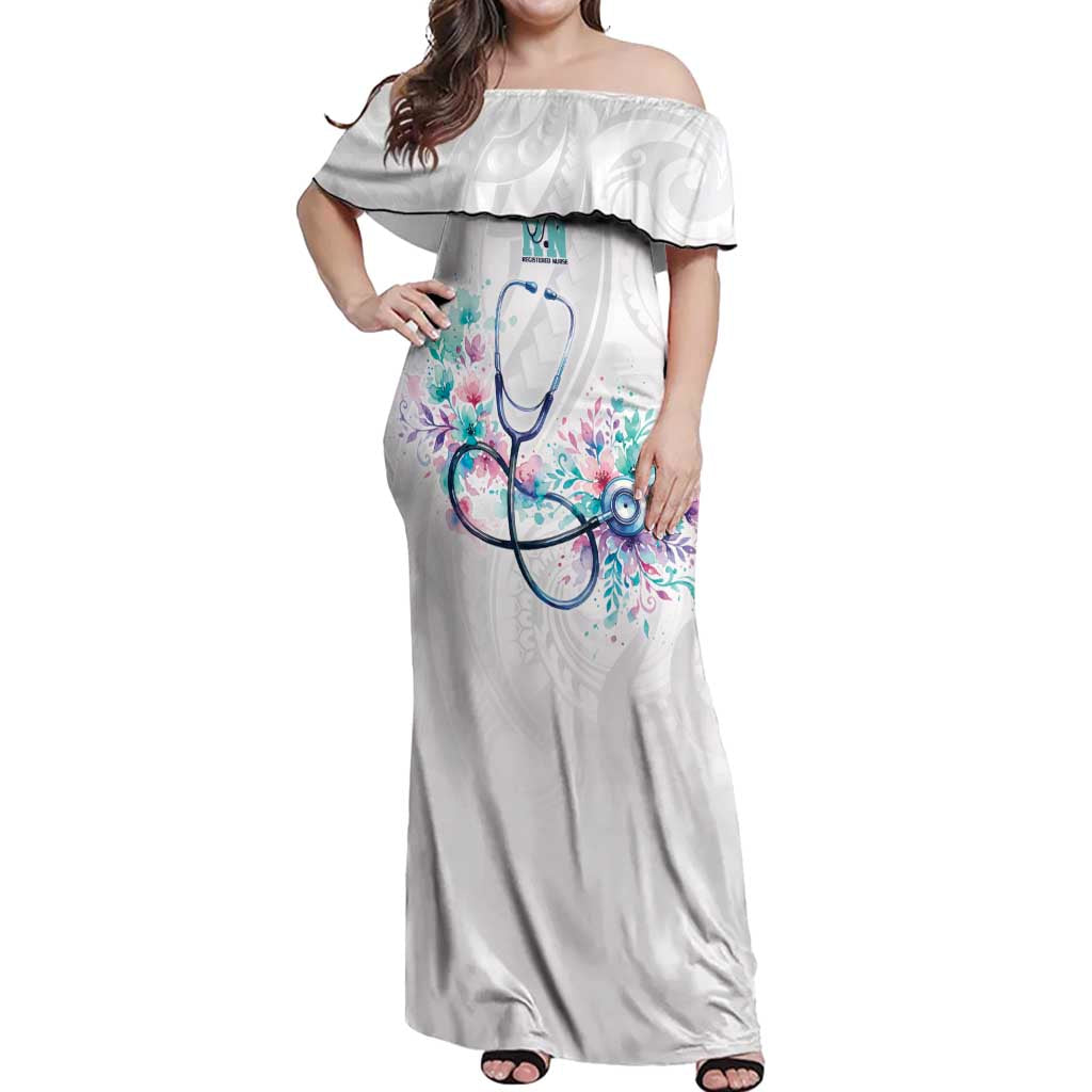 New Zealand Nurses RN Personalised Off Shoulder Maxi Dress Stethoscope Floral Maori Motif LT9 Women White - Polynesian Pride