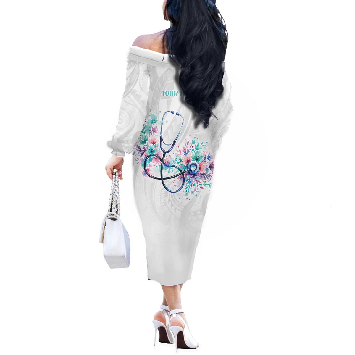 New Zealand Nurses RN Personalised Off The Shoulder Long Sleeve Dress Stethoscope Floral Maori Motif LT9 - Polynesian Pride