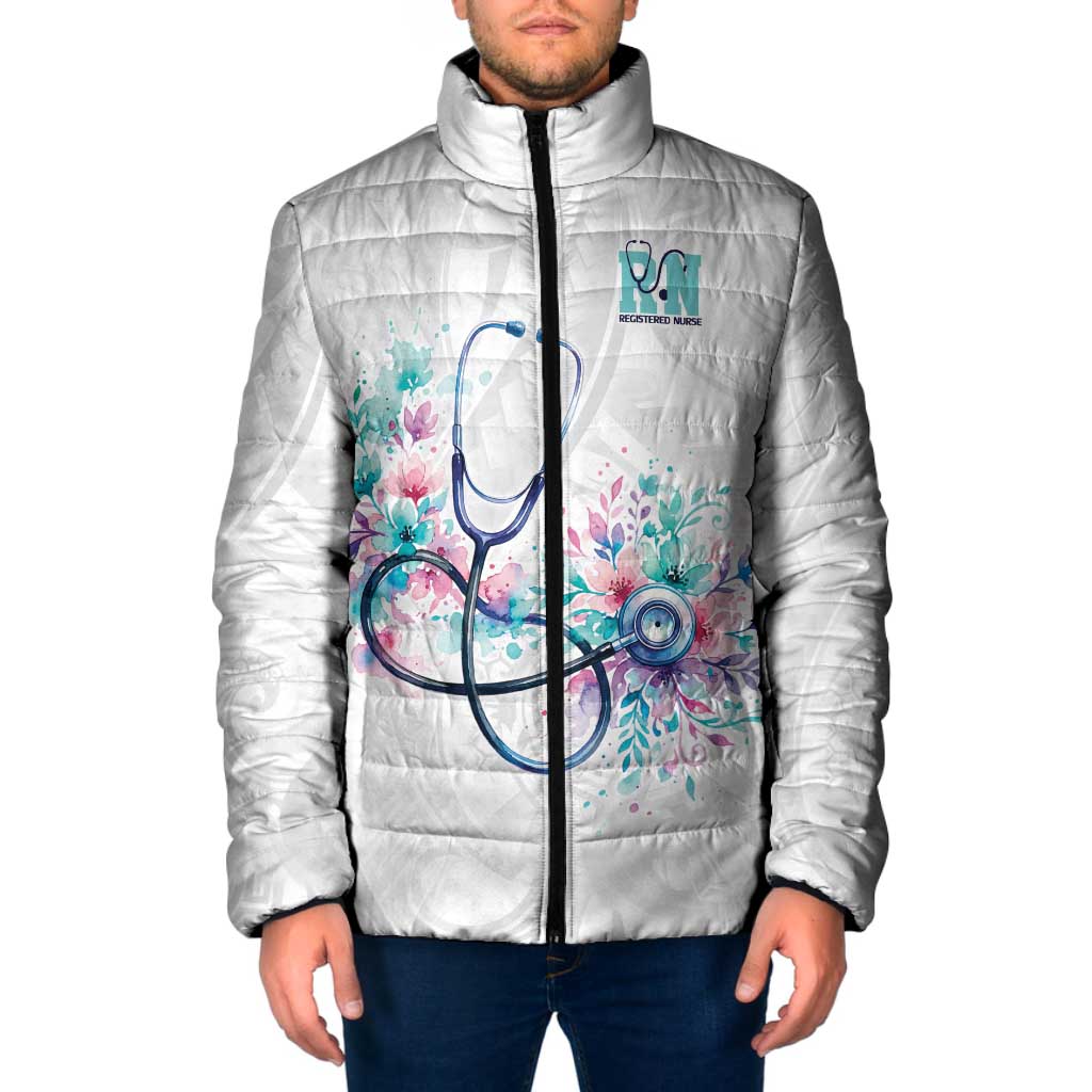 New Zealand Nurses RN Personalised Padded Jacket Stethoscope Floral Maori Motif