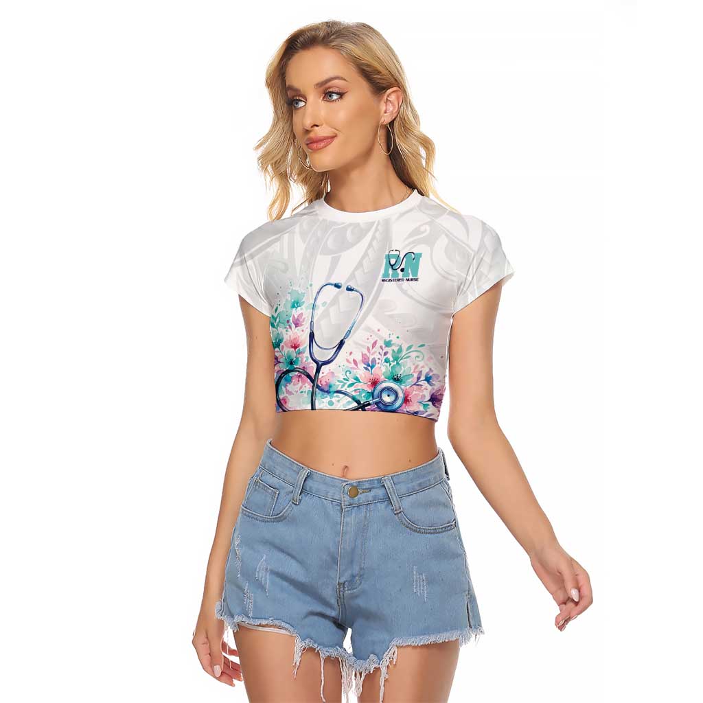 New Zealand Nurses RN Personalised Raglan Cropped T Shirt Stethoscope Floral Maori Motif