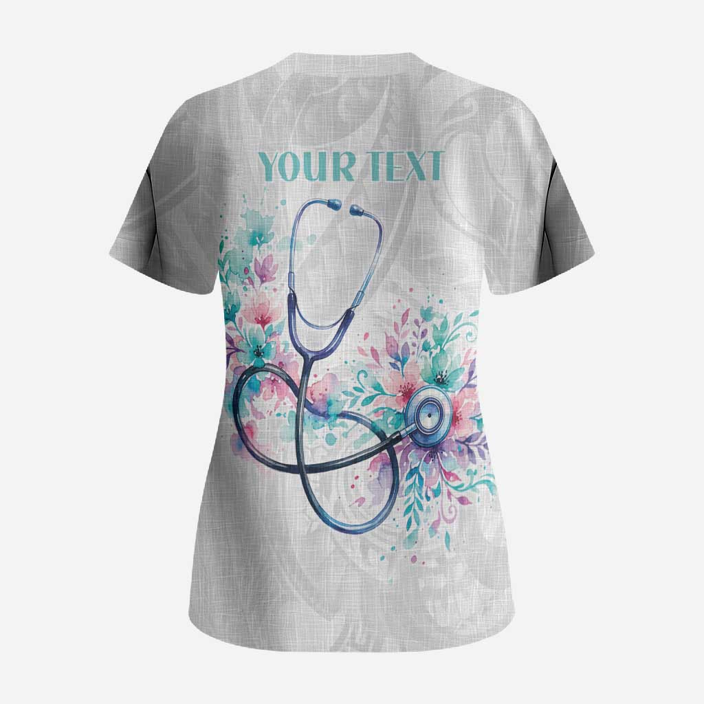 New Zealand Nurses RN Personalised Scrub Top Stethoscope Floral Maori Motif