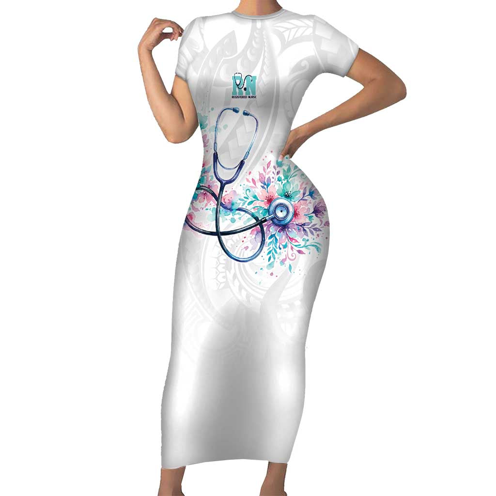 New Zealand Nurses RN Personalised Short Sleeve Bodycon Dress Stethoscope Floral Maori Motif LT9 Long Dress White - Polynesian Pride