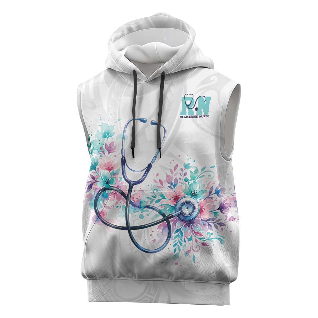 New Zealand Nurses RN Personalised Sleeveless Hoodie Stethoscope Floral Maori Motif LT9 White - Polynesian Pride