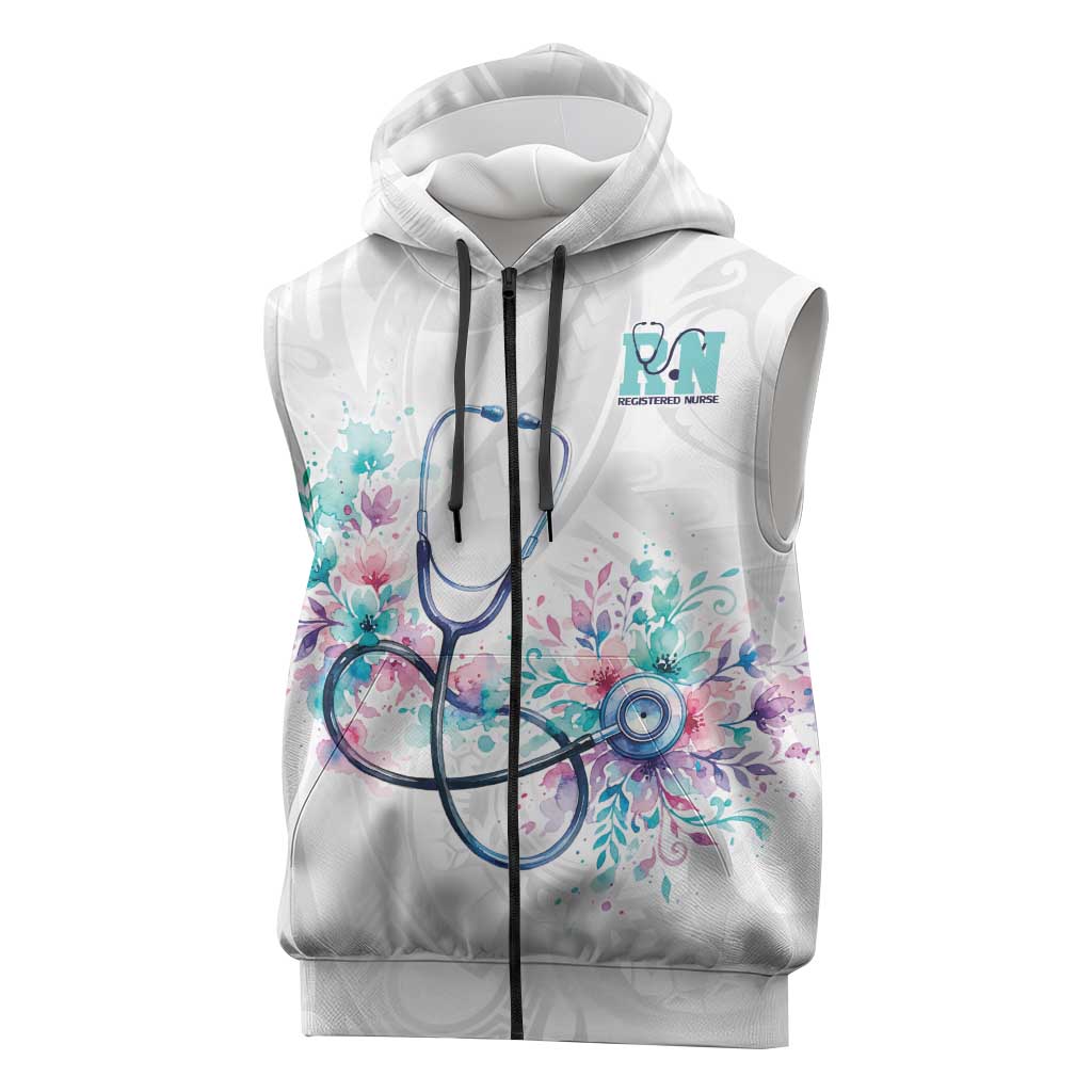 New Zealand Nurses RN Personalised Sleeveless Zip Hoodie Stethoscope Floral Maori Motif LT9 White - Polynesian Pride