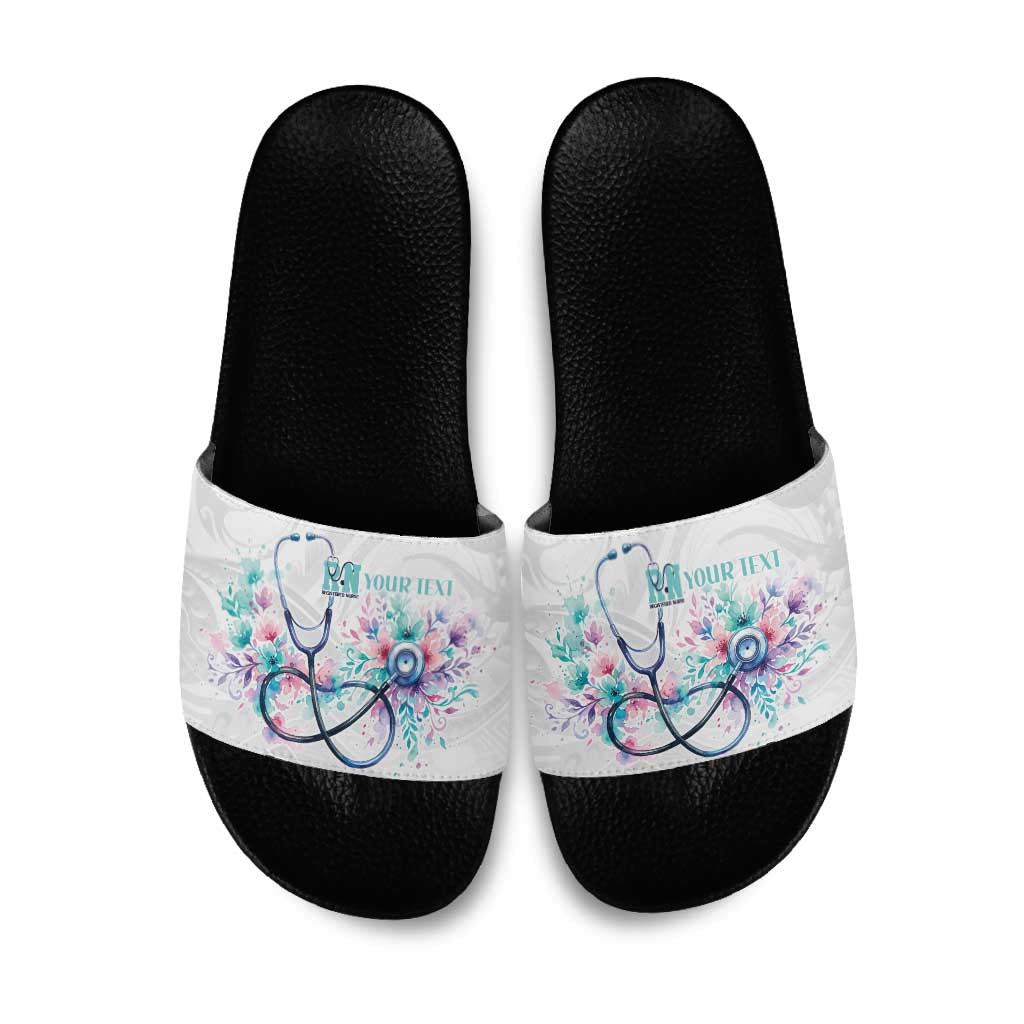 New Zealand Nurses RN Personalised Slide Sandals Stethoscope Floral Maori Motif