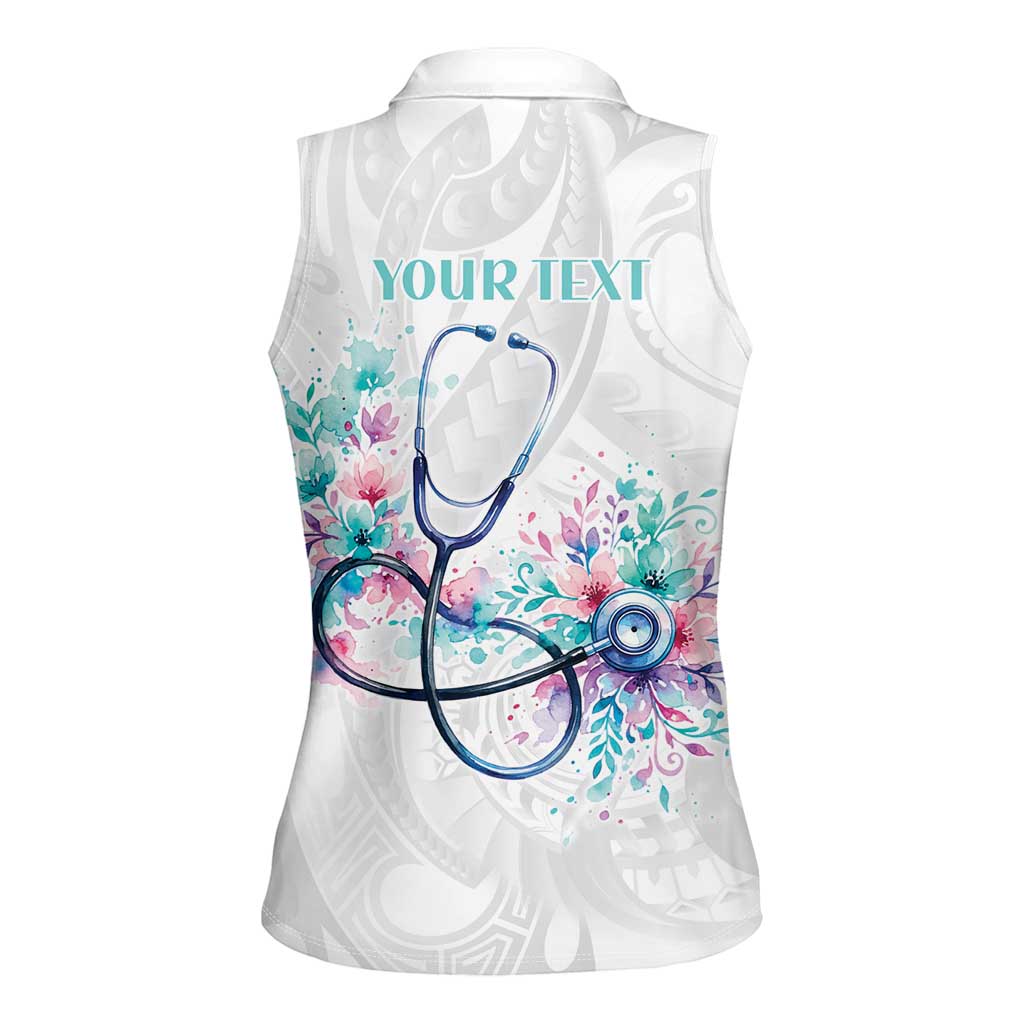 New Zealand Nurses RN Personalised Women Sleeveless Polo Shirt Stethoscope Floral Maori Motif LT9 - Polynesian Pride