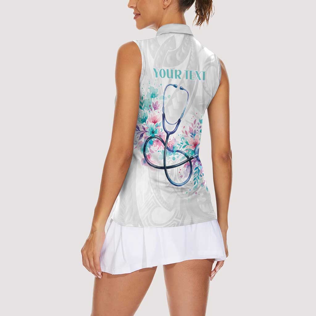 New Zealand Nurses RN Personalised Women Sleeveless Polo Shirt Stethoscope Floral Maori Motif LT9 - Polynesian Pride