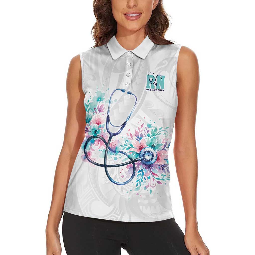 New Zealand Nurses RN Personalised Women Sleeveless Polo Shirt Stethoscope Floral Maori Motif LT9 - Polynesian Pride