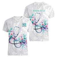New Zealand Nurses RN Personalised Women V-Neck T-Shirt Stethoscope Floral Maori Motif LT9 - Polynesian Pride