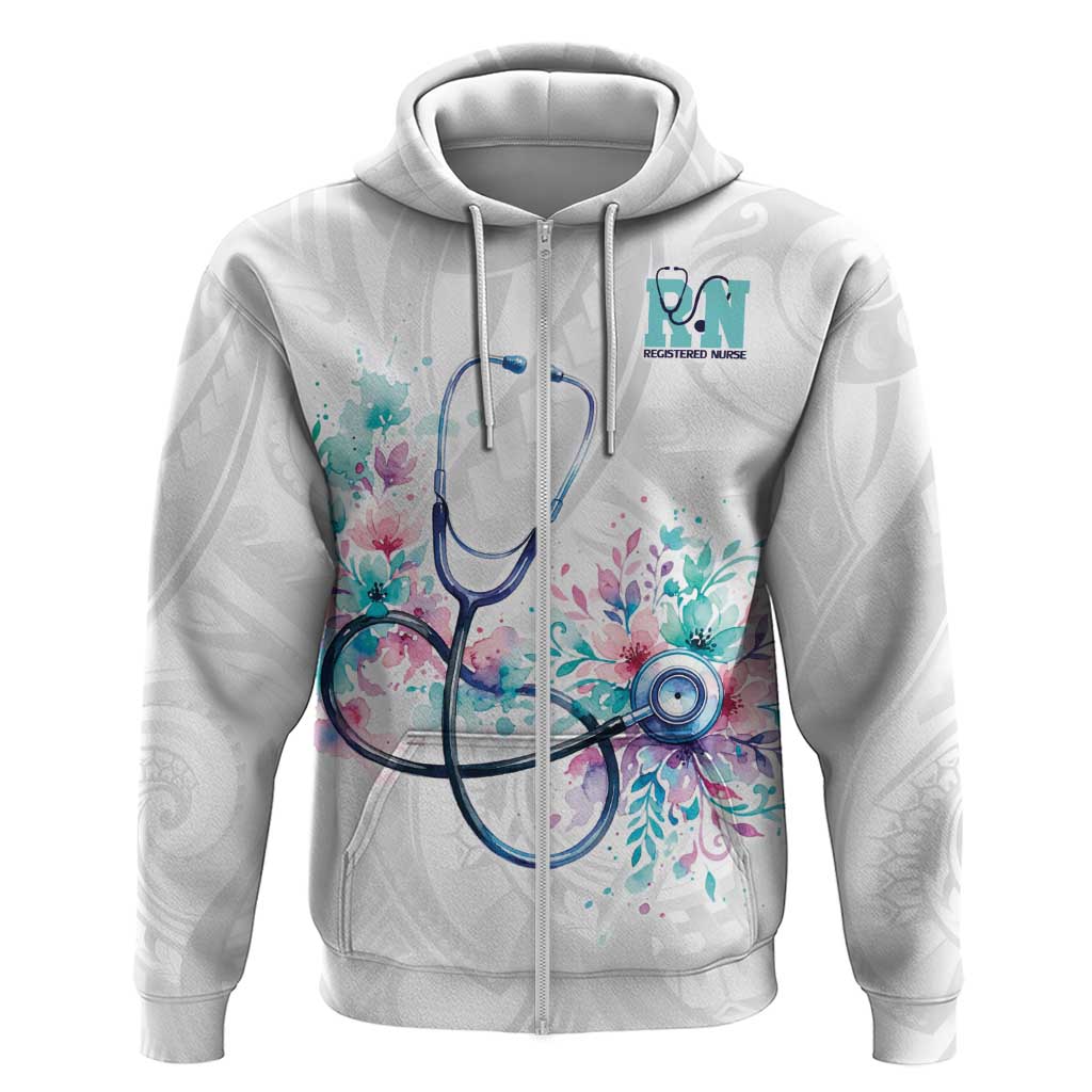 New Zealand Nurses RN Personalised Zip Hoodie Stethoscope Floral Maori Motif LT9 Zip Hoodie White - Polynesian Pride