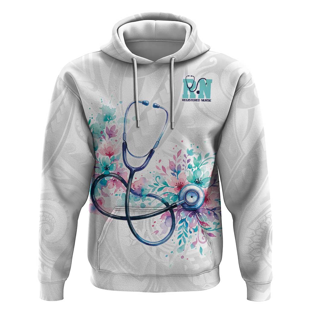 New Zealand Nurses RN Personalised Zip Hoodie Stethoscope Floral Maori Motif LT9 Pullover Hoodie White - Polynesian Pride
