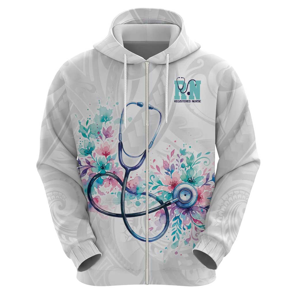 New Zealand Nurses RN Personalised Zip Hoodie Stethoscope Floral Maori Motif LT9 - Polynesian Pride