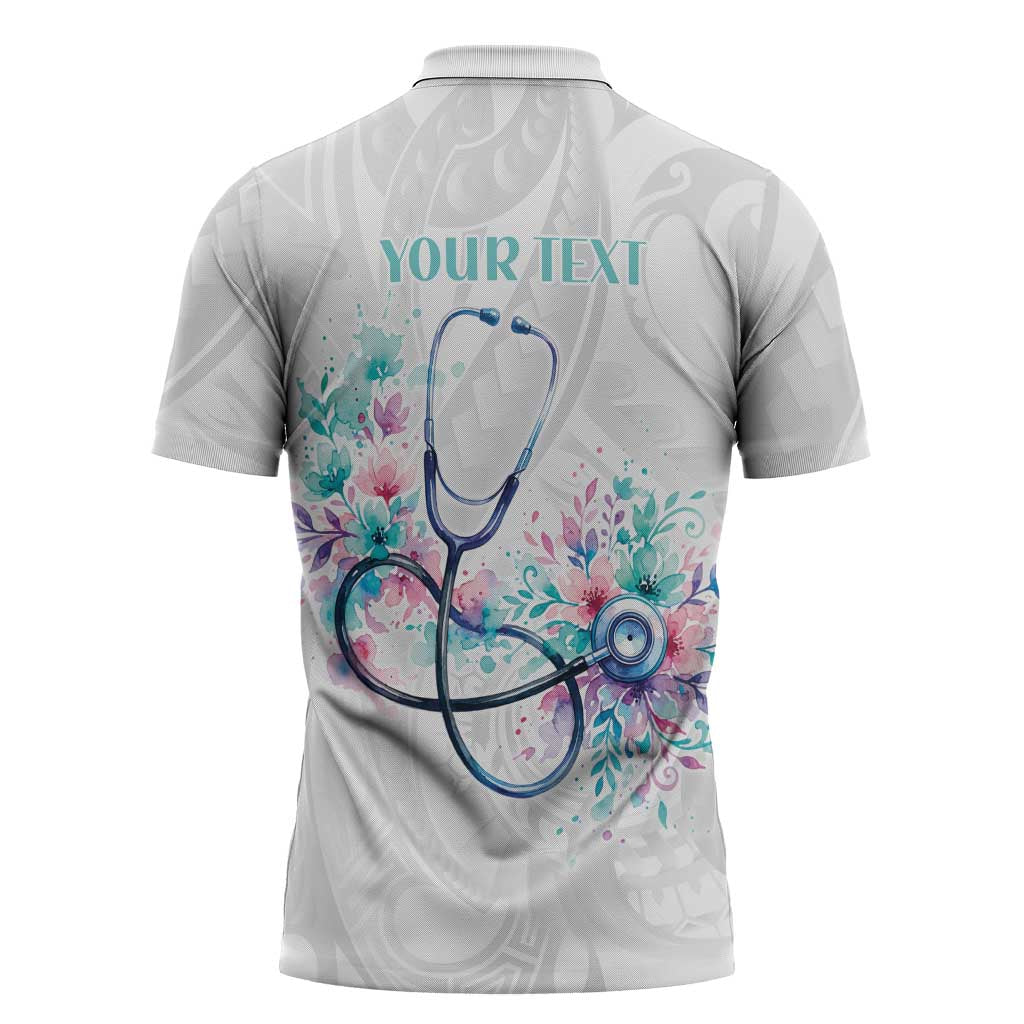 New Zealand Nurses RN Personalised Zipper Polo Shirt Stethoscope Floral Maori Motif LT9 - Polynesian Pride