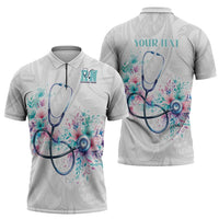 New Zealand Nurses RN Personalised Zipper Polo Shirt Stethoscope Floral Maori Motif LT9 - Polynesian Pride