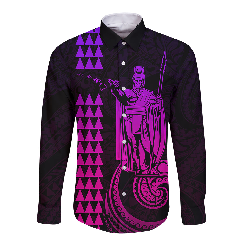 Custom Hawaii Long Sleeve Button Shirt King Kamehameha - Pink Gradient LT9 Unisex Pink Gradient - Polynesian Pride