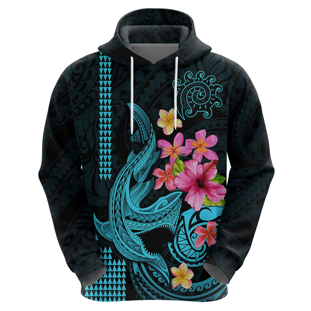 Custom Polynesian Hoodie Hawaiian Warriors with Tribal Shark Tattoos Blue LT9 - Polynesian Pride