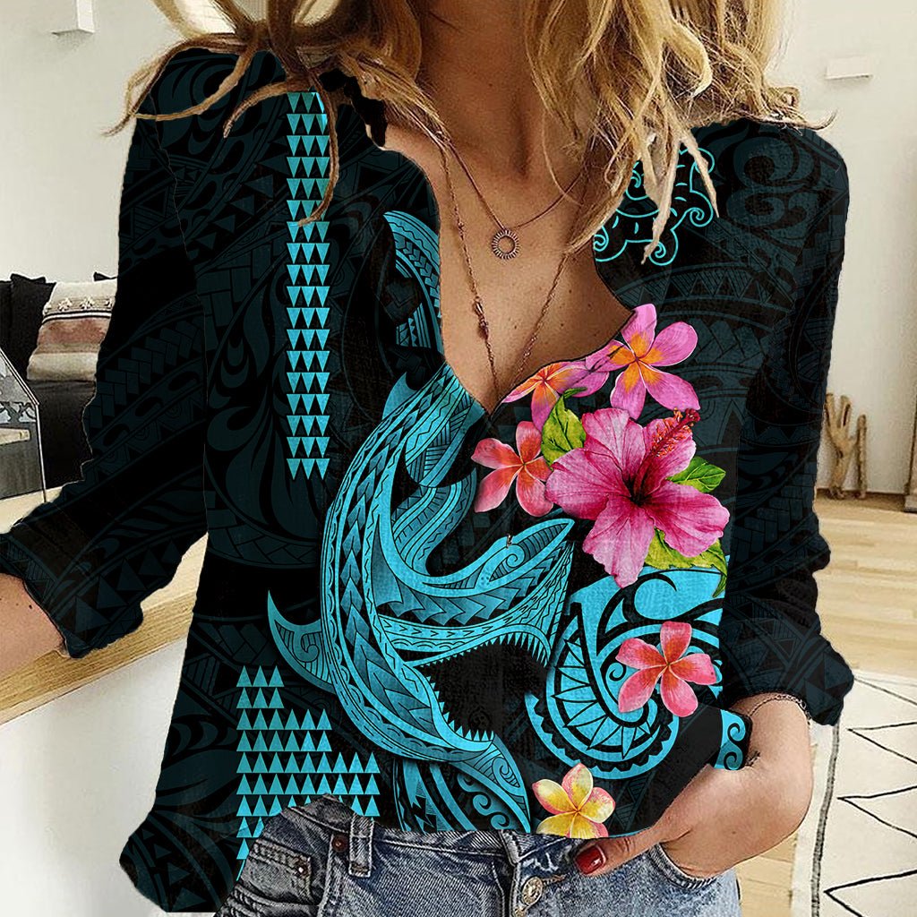 Custom Polynesian Women Casual Shirt Hawaiian Warriors with Tribal Shark Tattoos - Blue LT9 Female Blue - Polynesian Pride