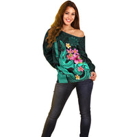 Custom Polynesian Off Shoulder Sweater Hawaiian Warriors with Tribal Shark Tattoos - Turquoise LT9 - Polynesian Pride