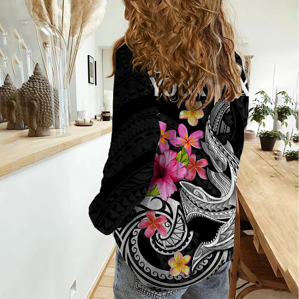 Custom Polynesian Women Casual Shirt Hawaiian Warriors with Tribal Shark Tattoos - White LT9 - Polynesian Pride