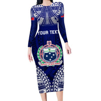 Personalised Samoa Coat Of Arms Family Matching Long Sleeve Bodycon Dress and Hawaiian Shirt With Polynesian Pattern Version LT9 Mom's Dress Blue - Polynesian Pride