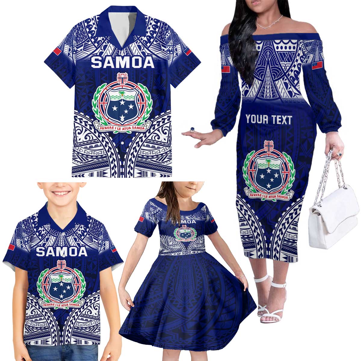 Personalised Samoa Coat Of Arms Family Matching Off The Shoulder Long Sleeve Dress and Hawaiian Shirt With Polynesian Pattern Version LT9 - Polynesian Pride