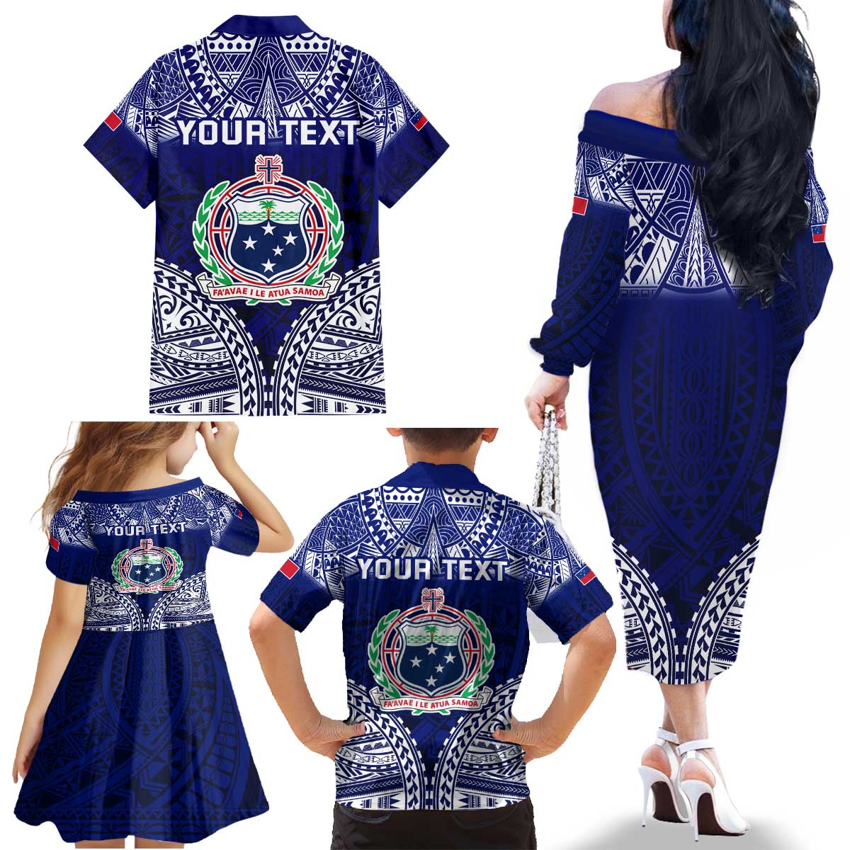 Personalised Samoa Coat Of Arms Family Matching Off The Shoulder Long Sleeve Dress and Hawaiian Shirt With Polynesian Pattern Version LT9 - Polynesian Pride