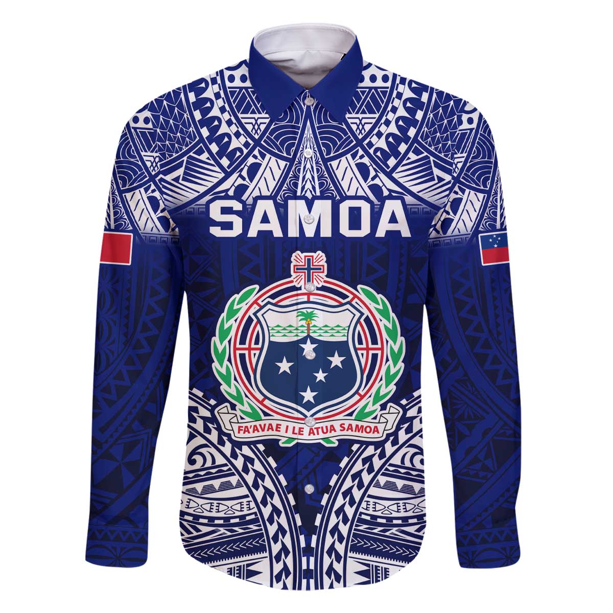 Personalised Samoa Coat Of Arms Family Matching Off The Shoulder Long Sleeve Dress and Hawaiian Shirt With Polynesian Pattern Version LT9 Dad's Shirt - Long Sleeve Blue - Polynesian Pride