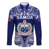 Personalised Samoa Coat Of Arms Family Matching Off The Shoulder Long Sleeve Dress and Hawaiian Shirt With Polynesian Pattern Version LT9 Dad's Shirt - Long Sleeve Blue - Polynesian Pride