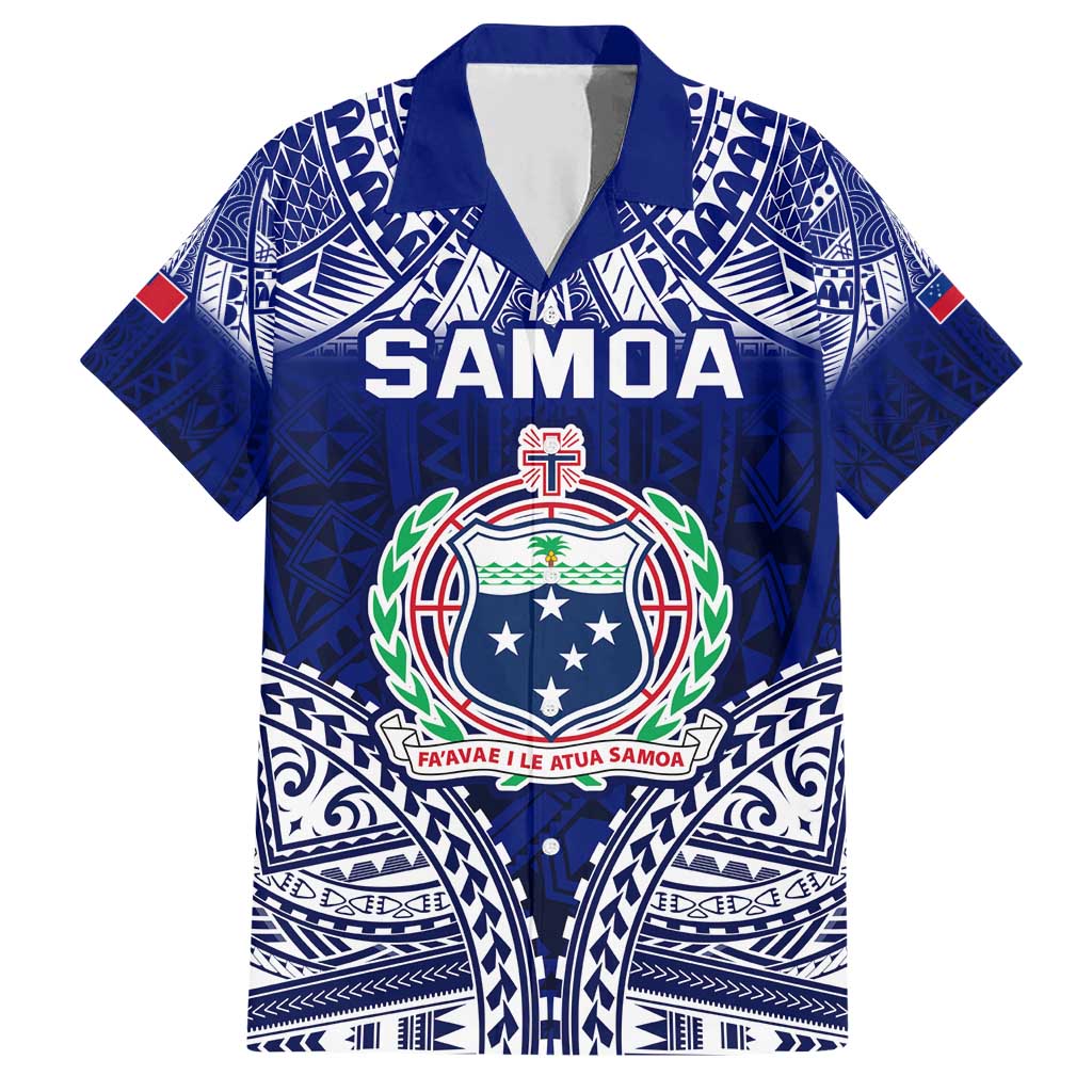 Personalised Samoa Coat Of Arms Family Matching Short Sleeve Bodycon Dress and Hawaiian Shirt With Polynesian Pattern Version LT9 Dad's Shirt - Short Sleeve Blue - Polynesian Pride