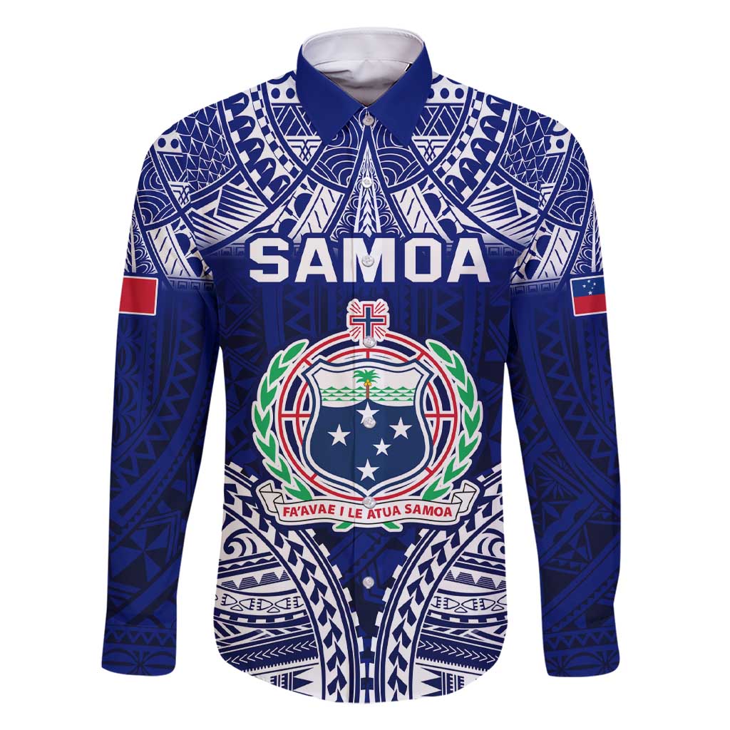 Personalised Samoa Coat Of Arms Family Matching Short Sleeve Bodycon Dress and Hawaiian Shirt With Polynesian Pattern Version LT9 Dad's Shirt - Long Sleeve Blue - Polynesian Pride
