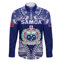 Personalised Samoa Coat Of Arms Family Matching Short Sleeve Bodycon Dress and Hawaiian Shirt With Polynesian Pattern Version LT9 Dad's Shirt - Long Sleeve Blue - Polynesian Pride