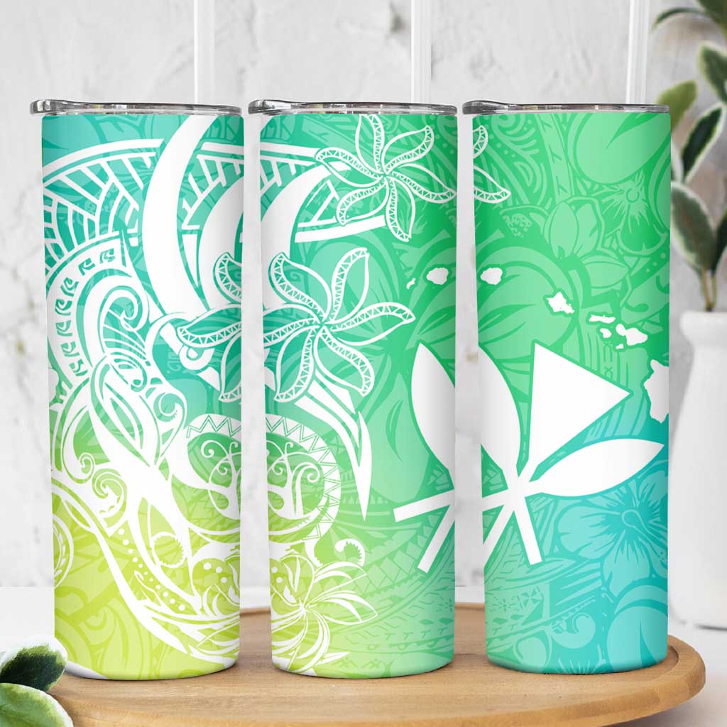 Polynesian Tribal Plumeria Skinny Tumbler with Hawaii Kanaka Maoli Green Gradient Version LT9 - Polynesian Pride