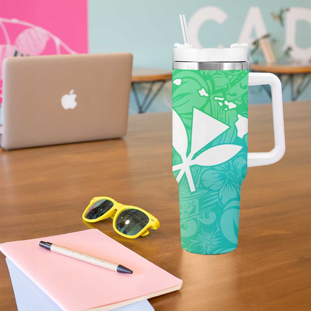 Polynesian Tribal Plumeria Tumbler With Handle with Hawaii Kanaka Maoli Green Gradient Version