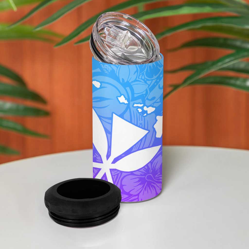 Polynesian Tribal Plumeria 4 in 1 Can Cooler Tumbler with Hawaii Kanaka Maoli Blue Gradient Version LT9 - Polynesian Pride