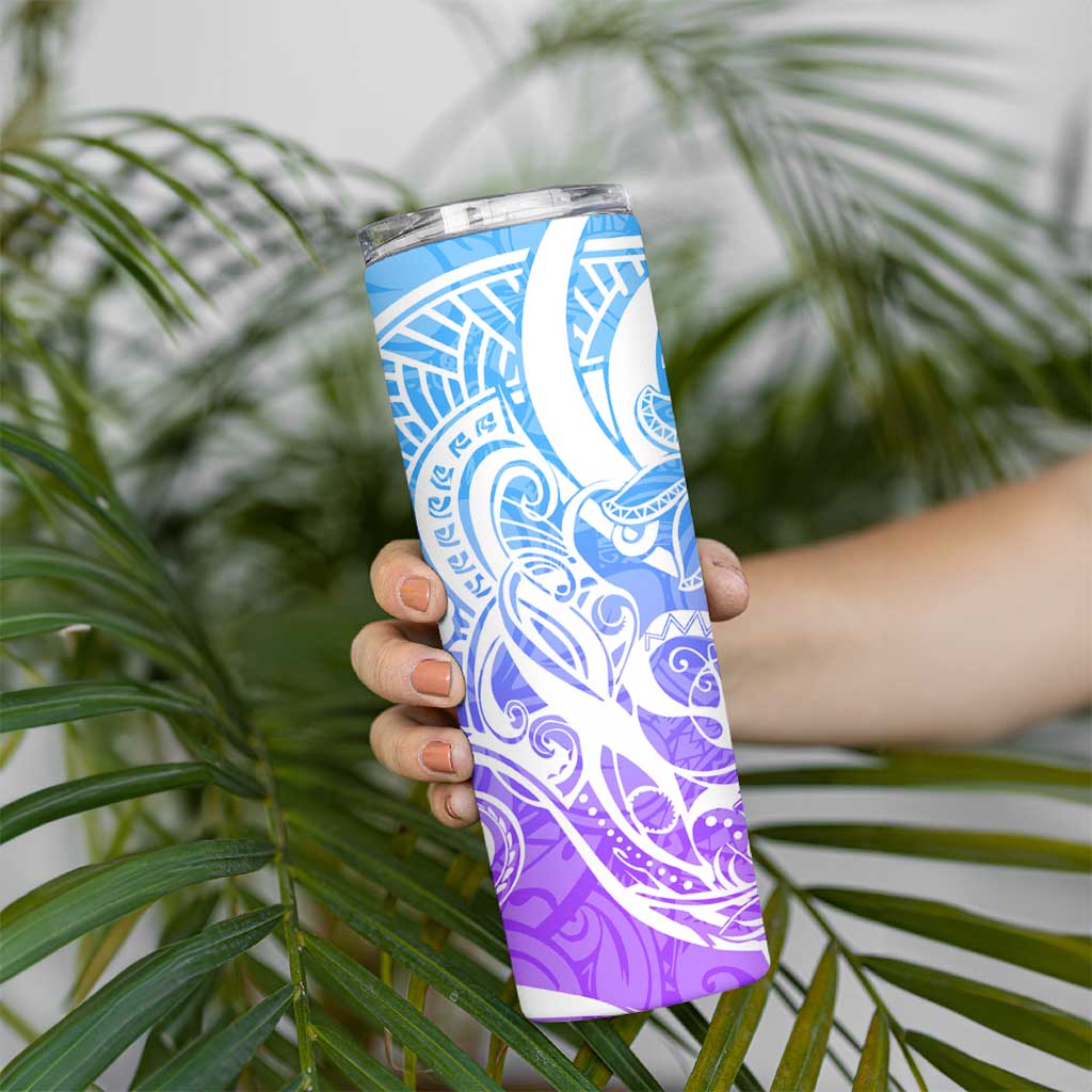 Polynesian Tribal Plumeria Skinny Tumbler with Hawaii Kanaka Maoli Blue Gradient Version LT9 - Polynesian Pride