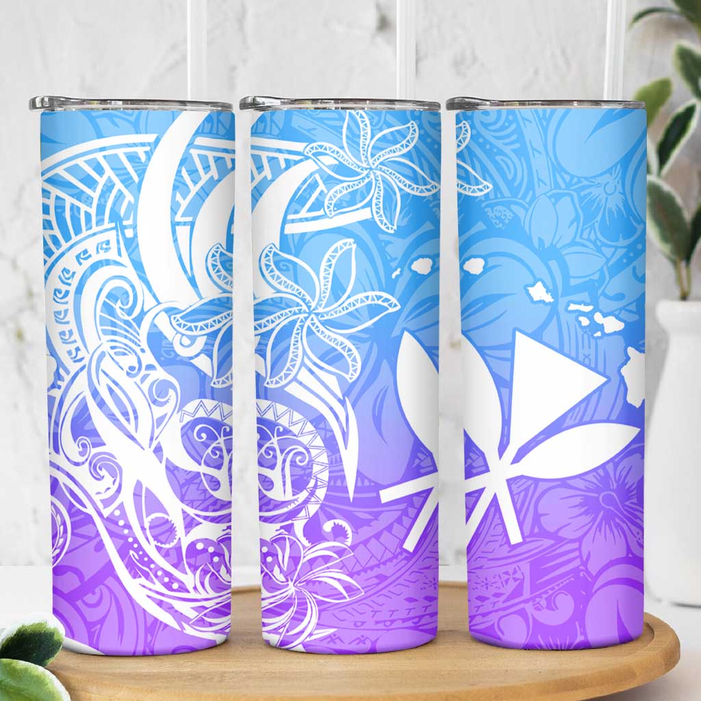 Polynesian Tribal Plumeria Skinny Tumbler with Hawaii Kanaka Maoli Blue Gradient Version LT9 - Polynesian Pride
