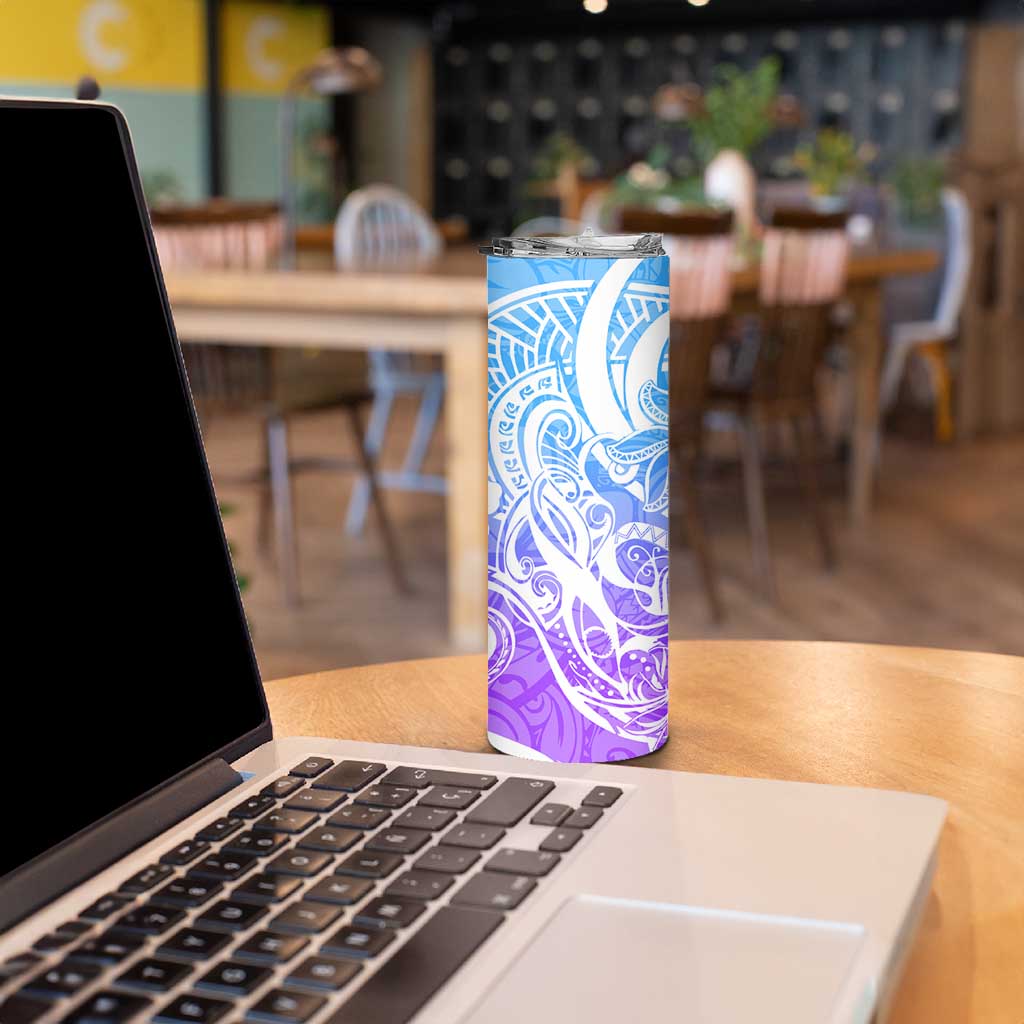 Polynesian Tribal Plumeria Skinny Tumbler with Hawaii Kanaka Maoli Blue Gradient Version LT9 - Polynesian Pride