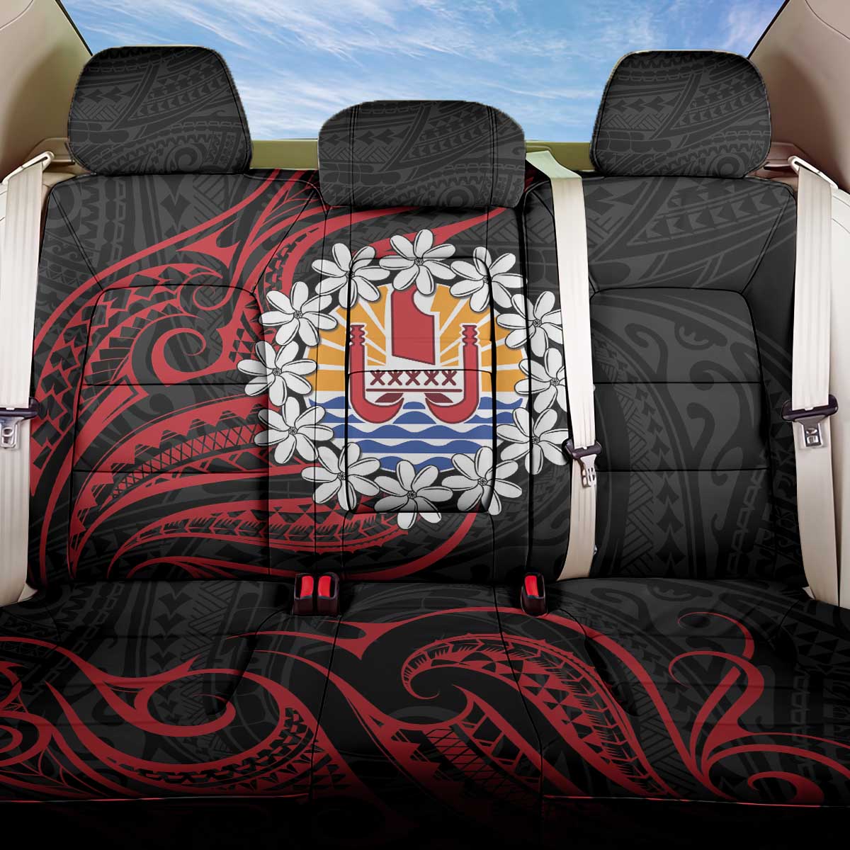 Tahitian Coat Of Arm and Tiare Flower Back Car Seat Cover Polynesian Tribal Tattoo LT9 One Size Black - Polynesian Pride