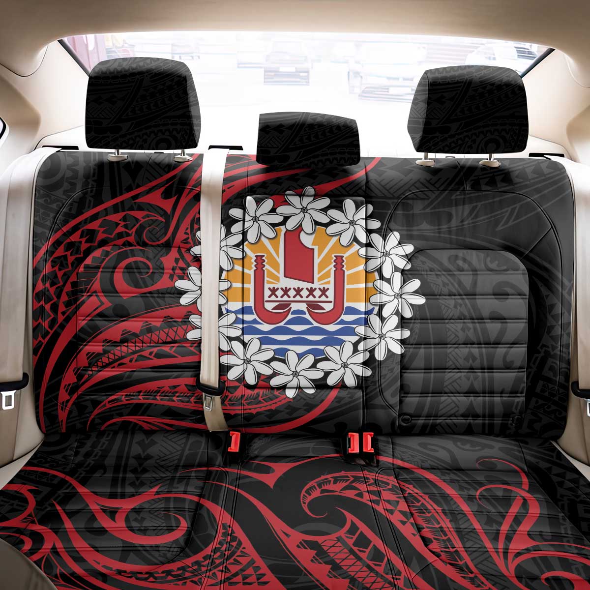 Tahitian Coat Of Arm and Tiare Flower Back Car Seat Cover Polynesian Tribal Tattoo LT9 - Polynesian Pride