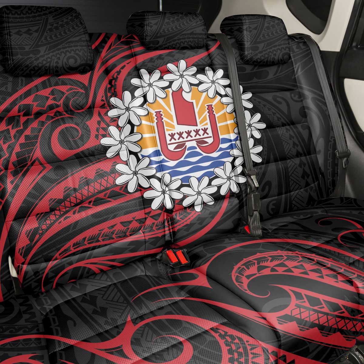 Tahitian Coat Of Arm and Tiare Flower Back Car Seat Cover Polynesian Tribal Tattoo LT9 - Polynesian Pride