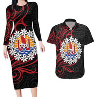 Tahitian Coat Of Arm and Tiare Flower Couples Matching Long Sleeve Bodycon Dress and Hawaiian Shirt Polynesian Tribal Tattoo LT9 Black - Polynesian Pride